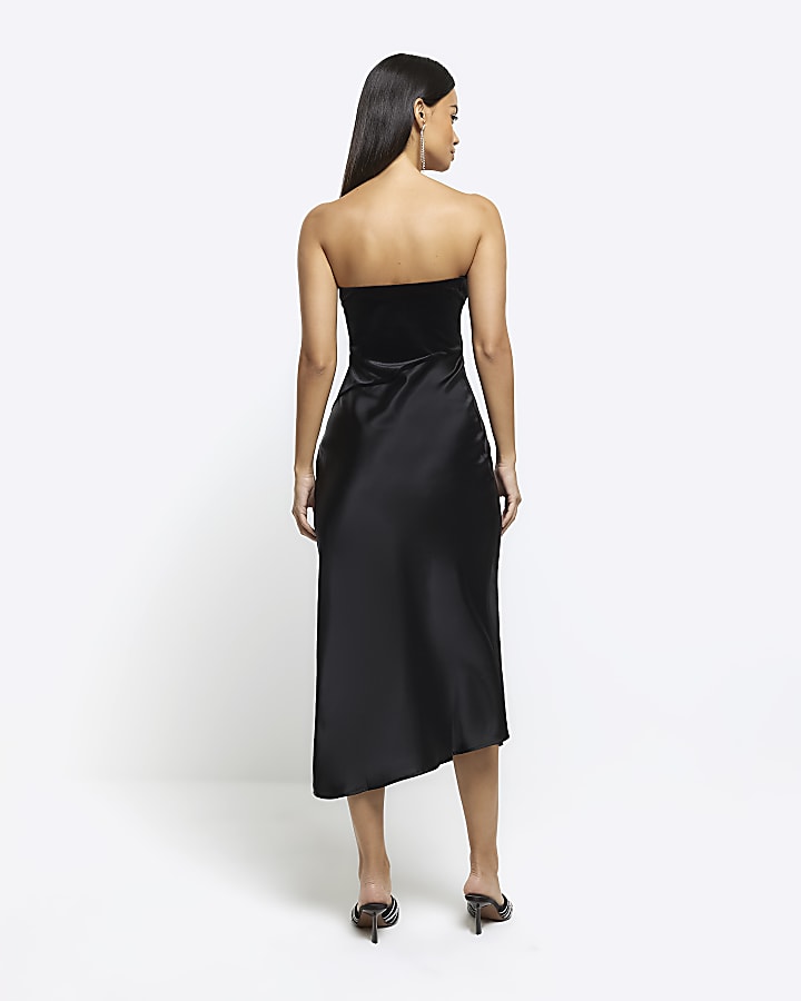 Black satin bandeau midi dress