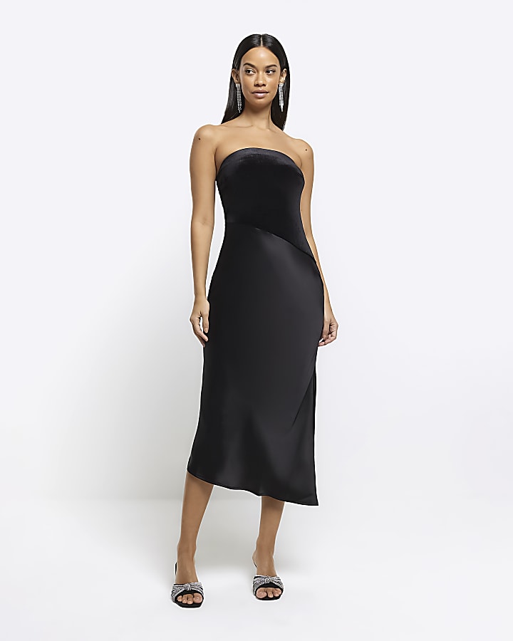 Black satin bandeau midi dress