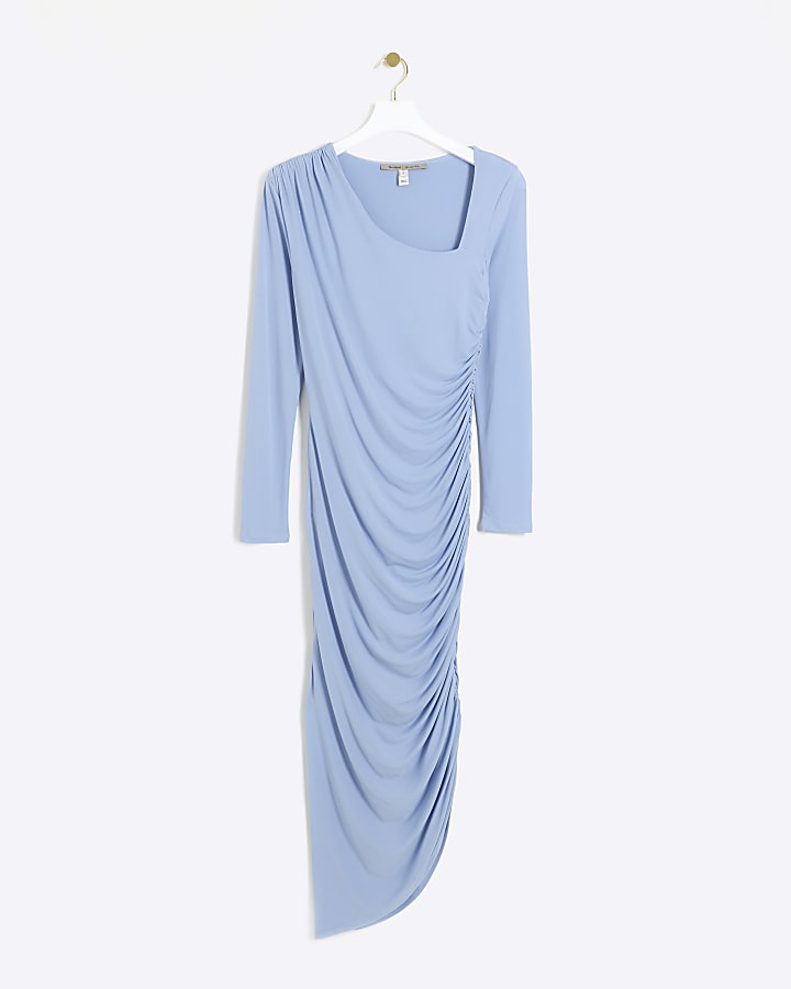 Blue ruched asymmetric bodycon midi dress