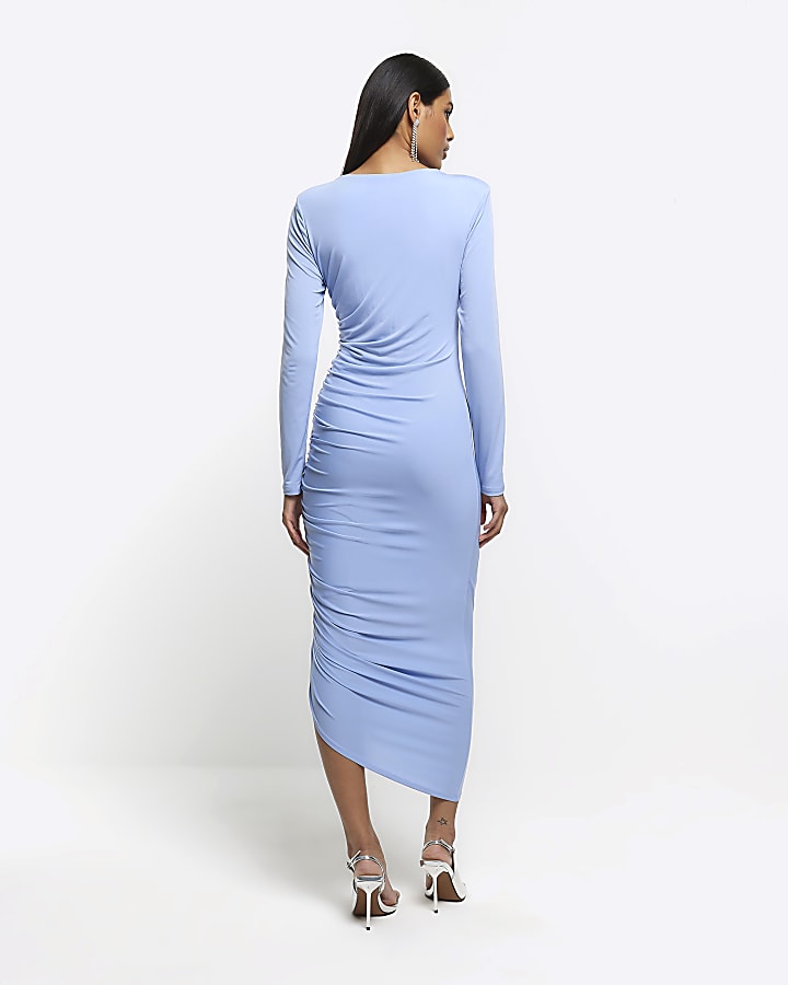 Blue ruched asymmetric bodycon midi dress