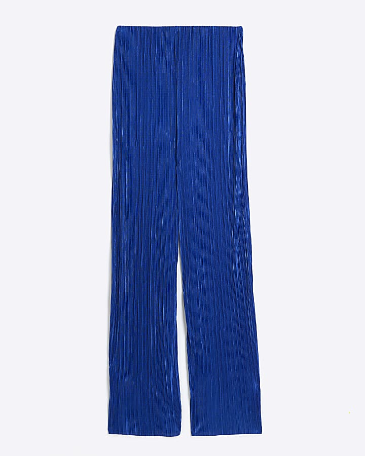 Blue plisse flared trousers