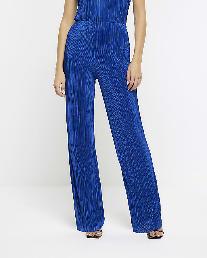 Blue plisse flared trousers