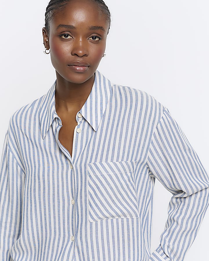 Blue linen blend stripe shirt