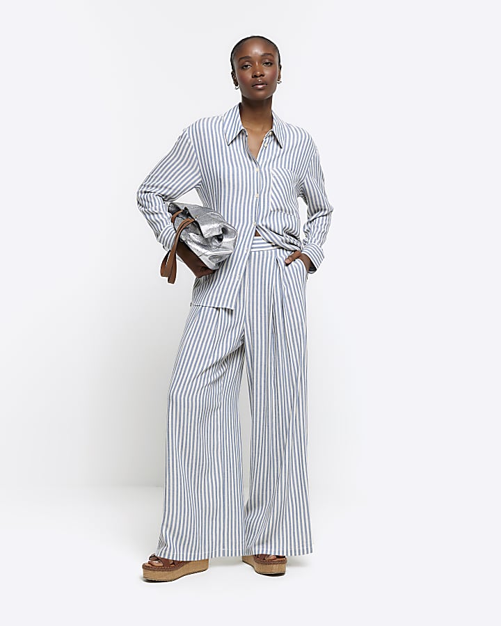 Blue linen blend stripe shirt