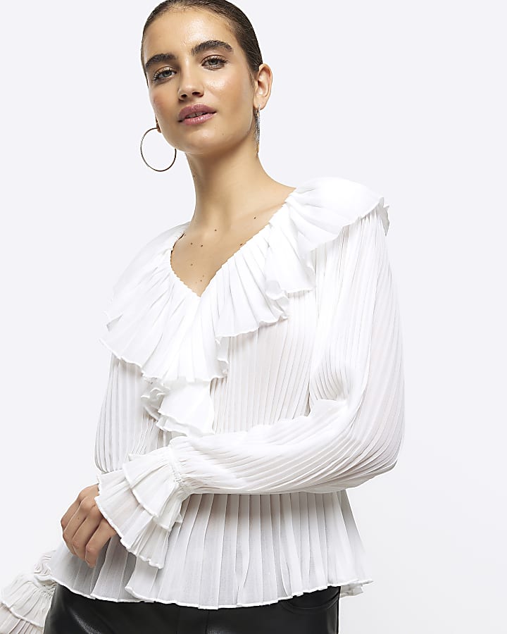 White plisse frill blouse