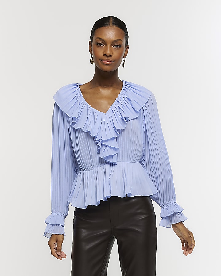 Blue plisse frill blouse River Island