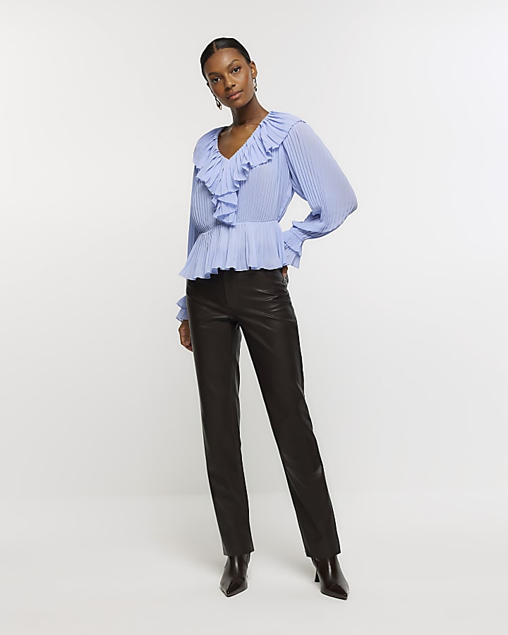 Blue plisse frill blouse