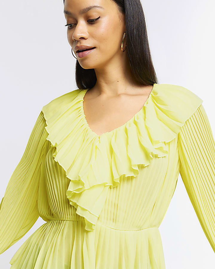 Yellow plisse frill blouse