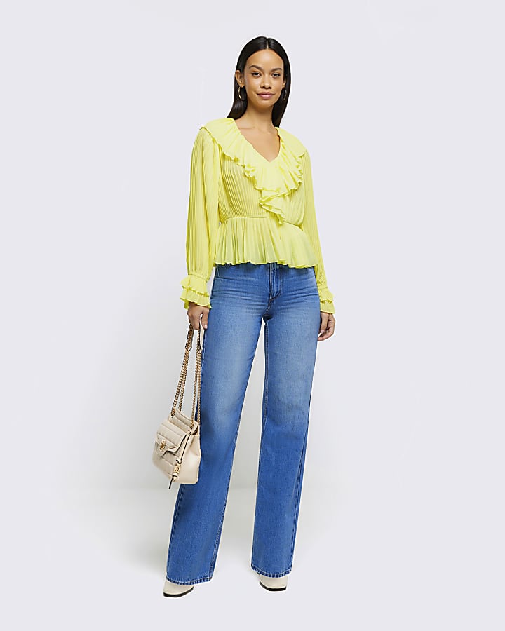 Yellow plisse frill blouse