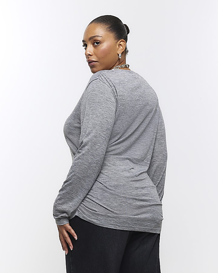 Plus grey ruched side long sleeve top