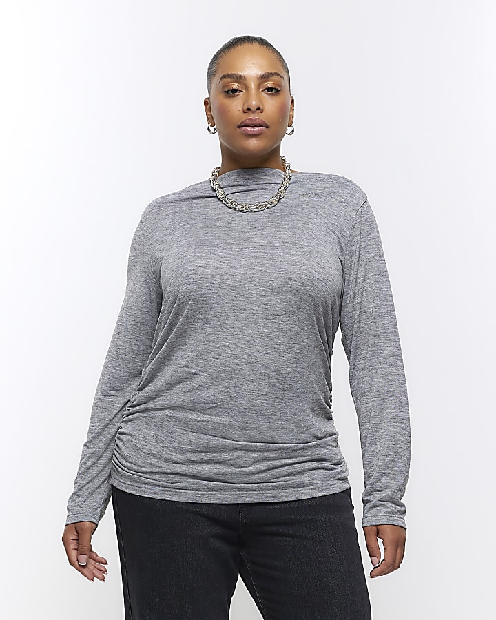 Plus grey ruched side long sleeve top