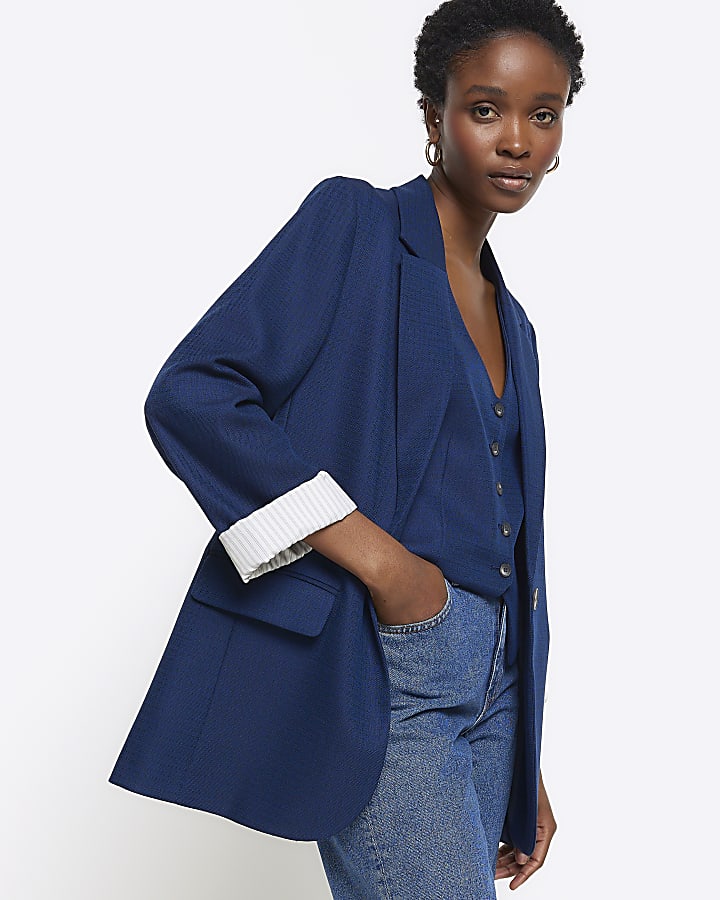 Navy rolled sleeve relaxed blazer