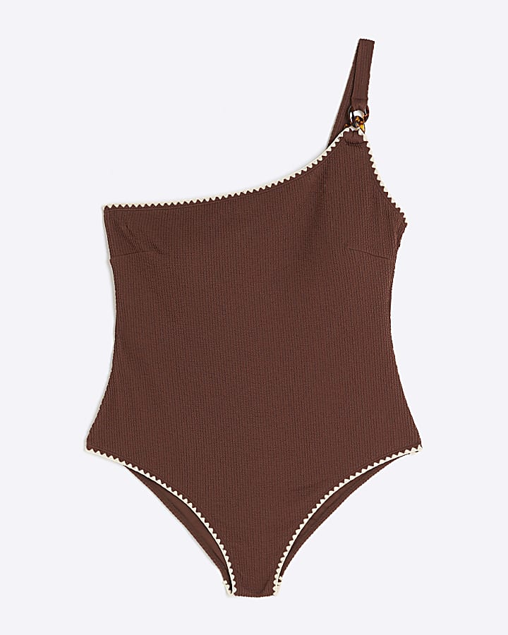 Plus brown stitched one shoulder swimsuit