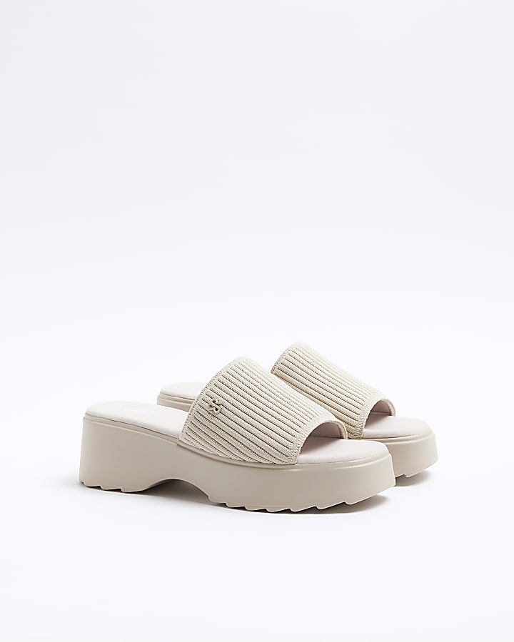 Beige knit flatform sandals