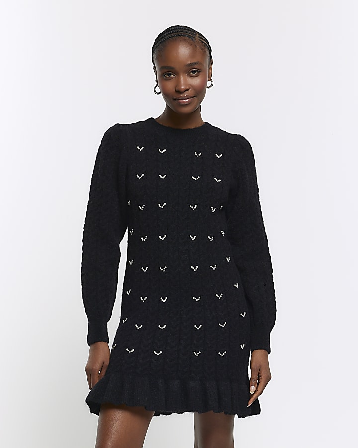 Black cable knit jumper mini dress River Island