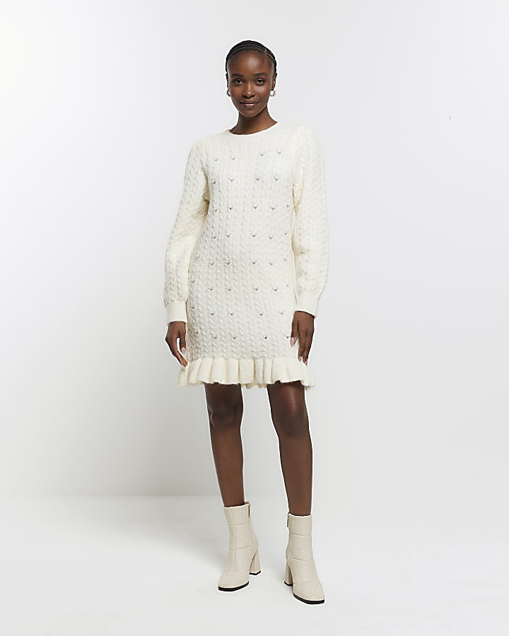 Cream cable knit jumper mini dress