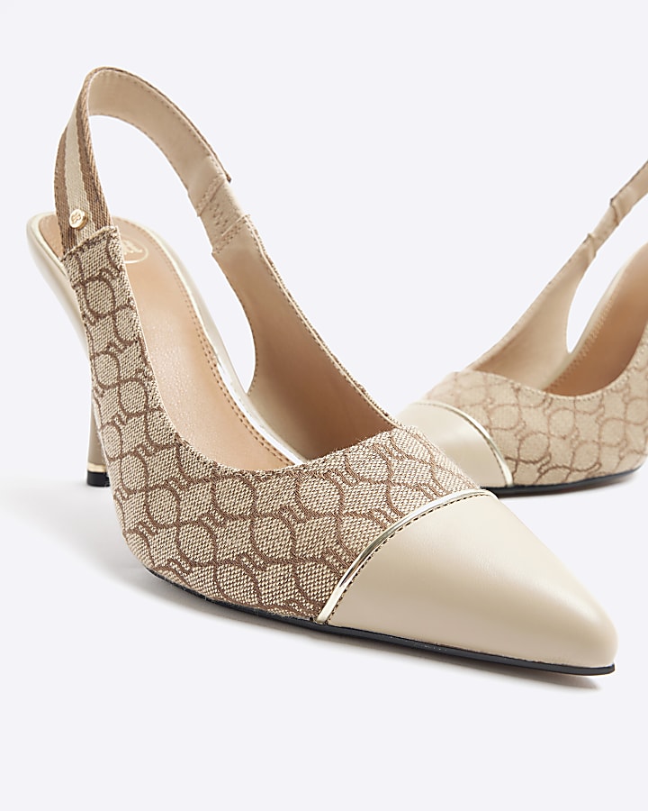 Beige monogram sling back heeled court shoes