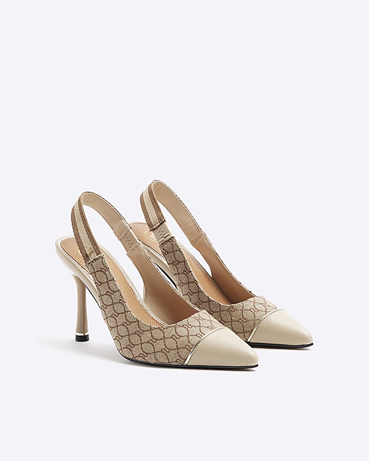 Beige monogram sling back heeled court shoes