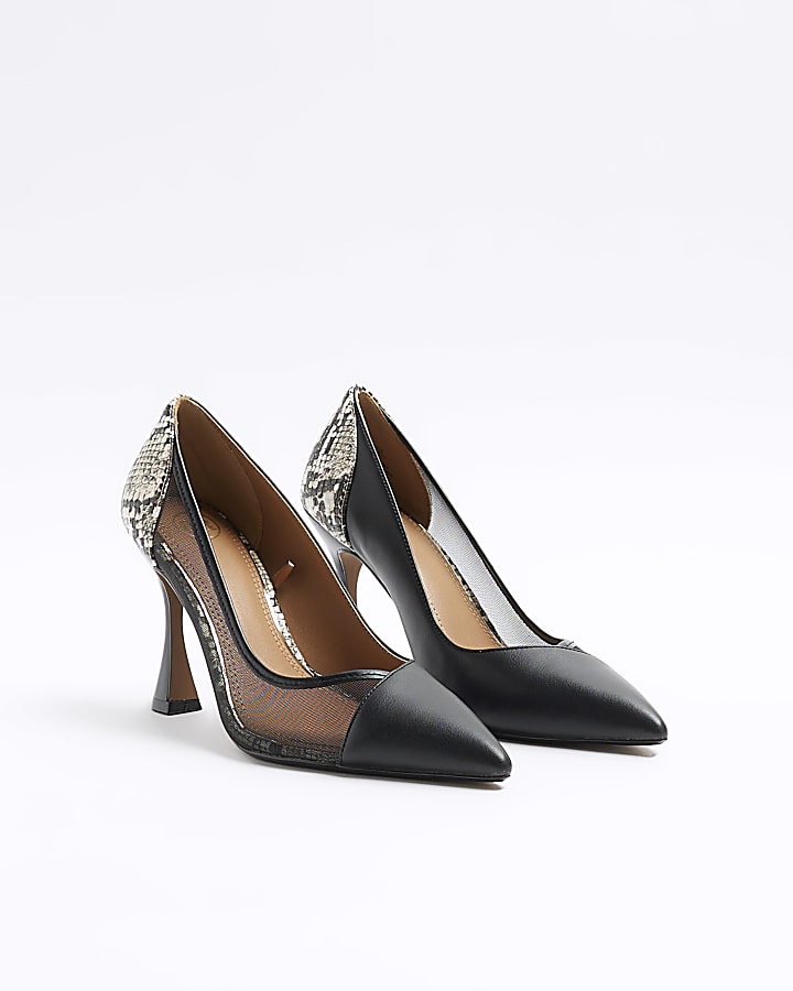 Black mesh panel heeled court shoes