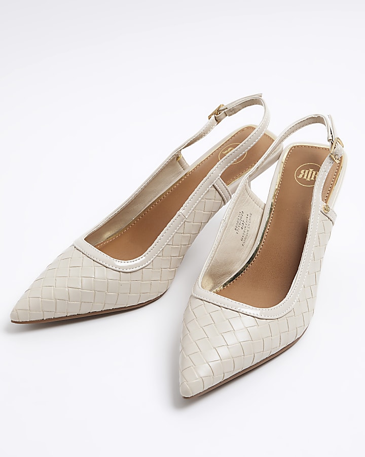 Beige weave heeled sling back court shoes