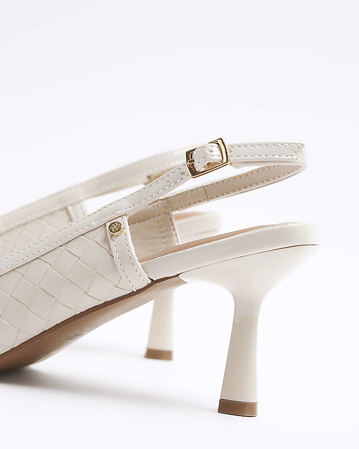 Beige weave heeled sling back court shoes