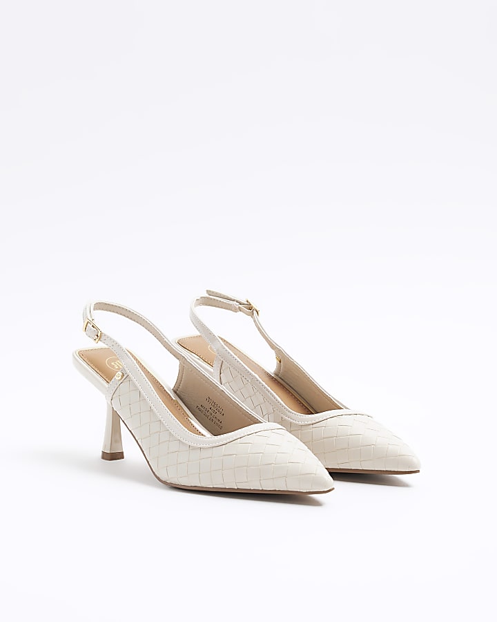 Beige weave heeled sling back court shoes