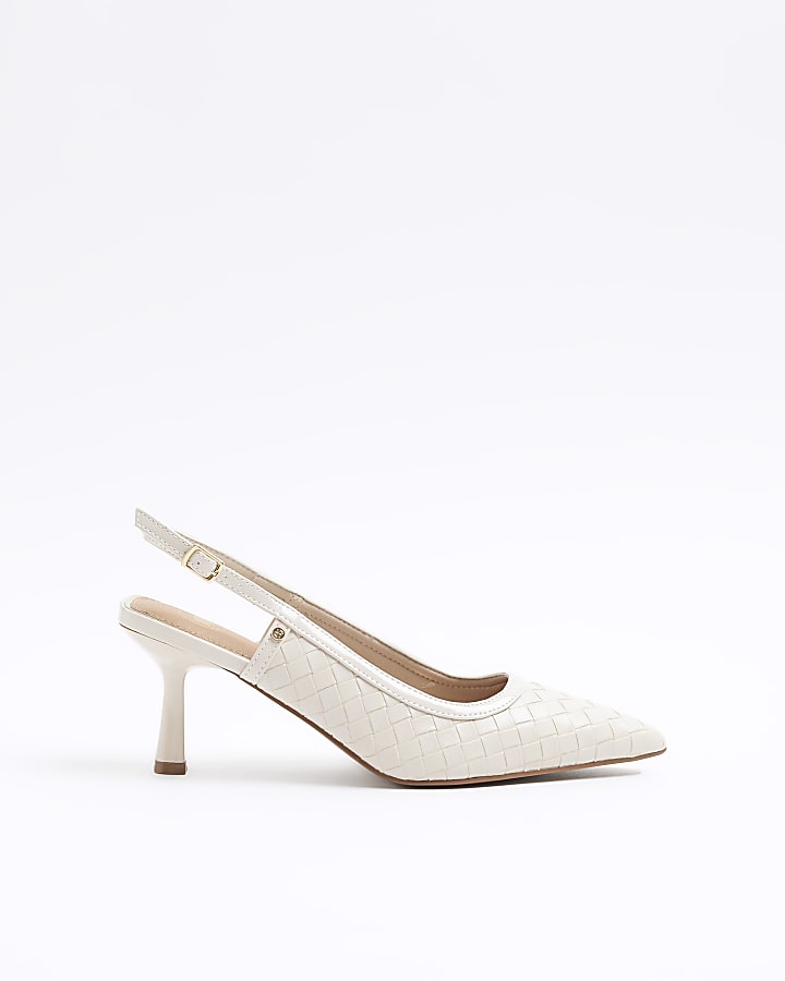 Beige weave heeled sling back court shoes