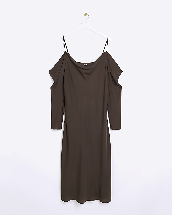 Plus brown cold shoulder slip midi dress