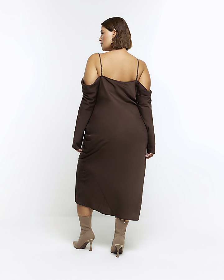 Plus brown cold shoulder slip midi dress