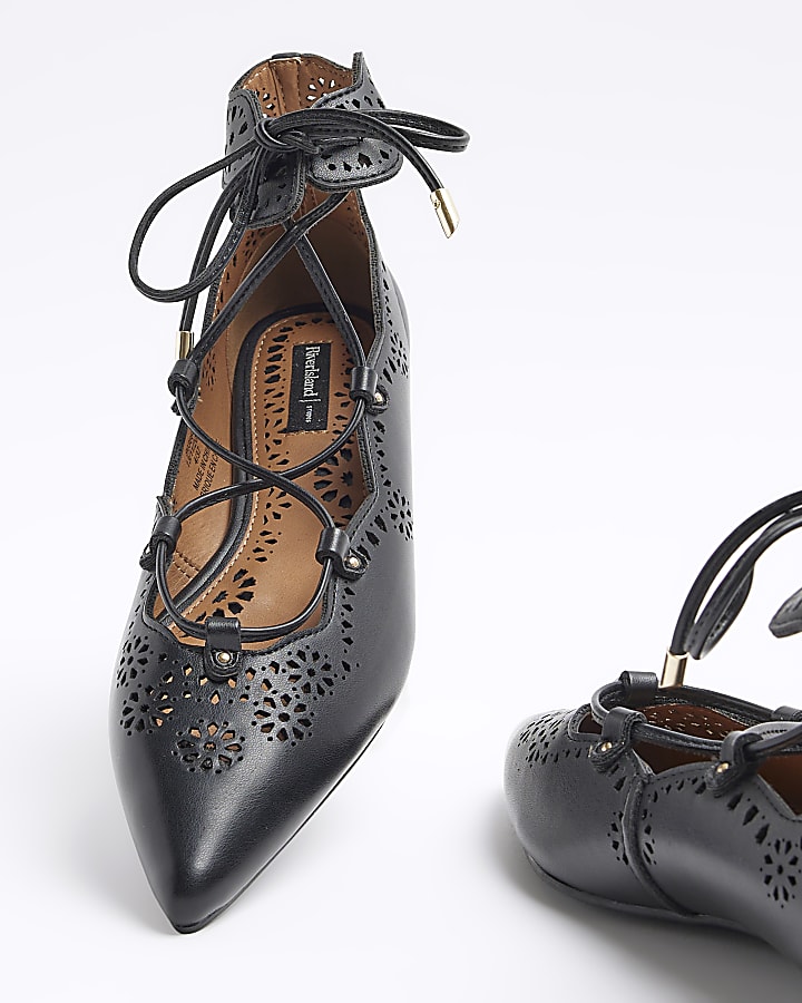 Black cut out lace up ballet pumps River Island
