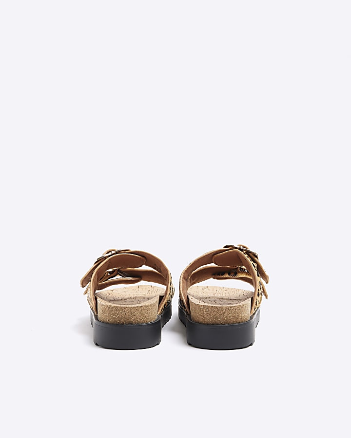 Brown Leather Leopard Print Buckle Sandals