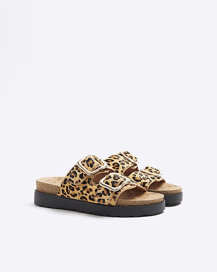 Brown Leather Leopard Print Buckle Sandals