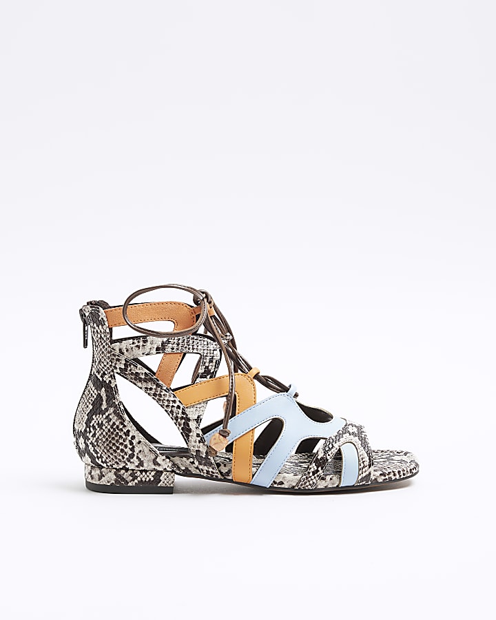 Orange cut out snake print gladiator sandals