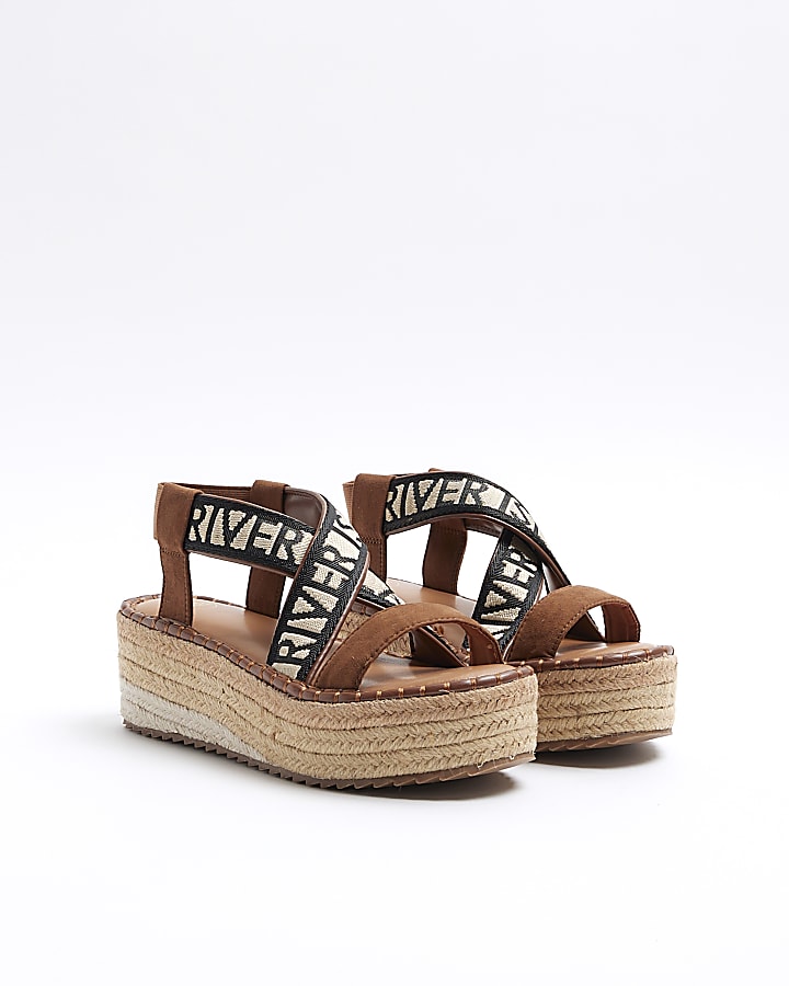 Brown crossed strap espadrille sandals