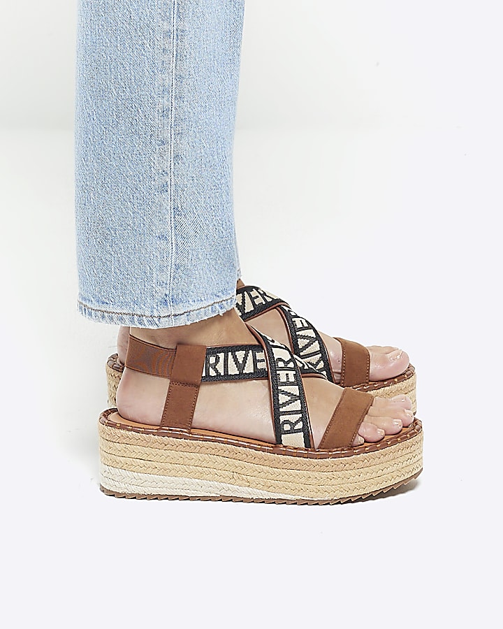 Brown crossed strap espadrille sandals