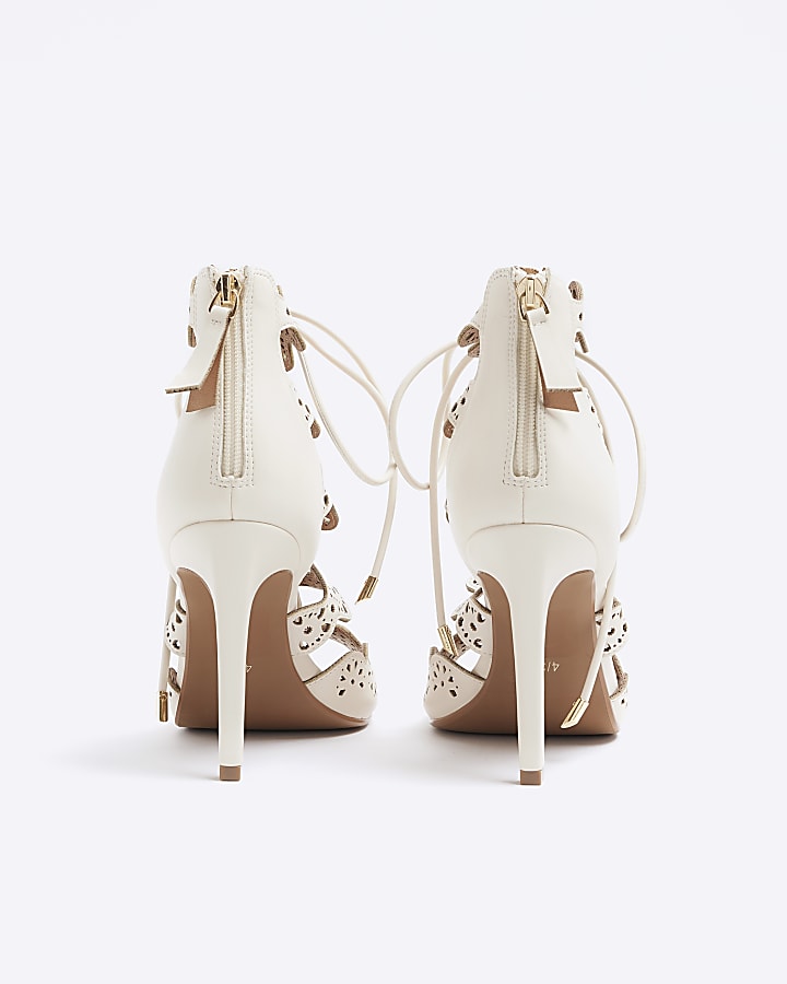 Cream cut out tie up heeled sandals