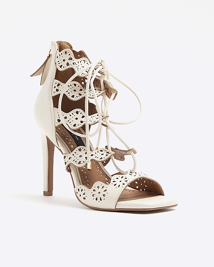 Cream cut out tie up heeled sandals