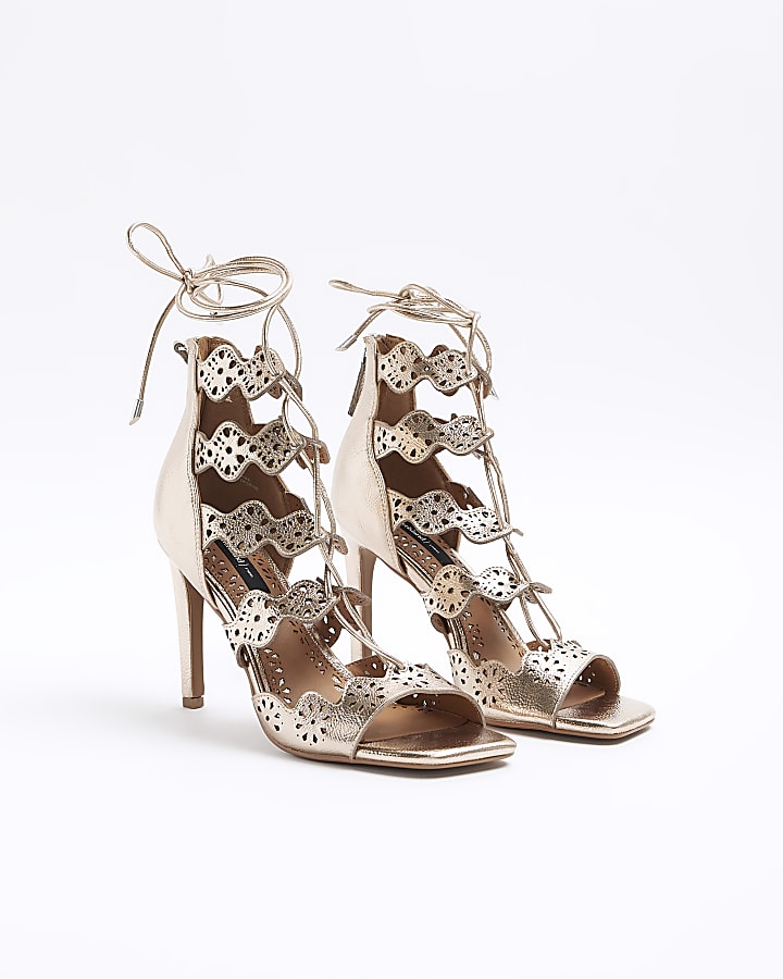 Rose gold cut out tie up heeled sandals