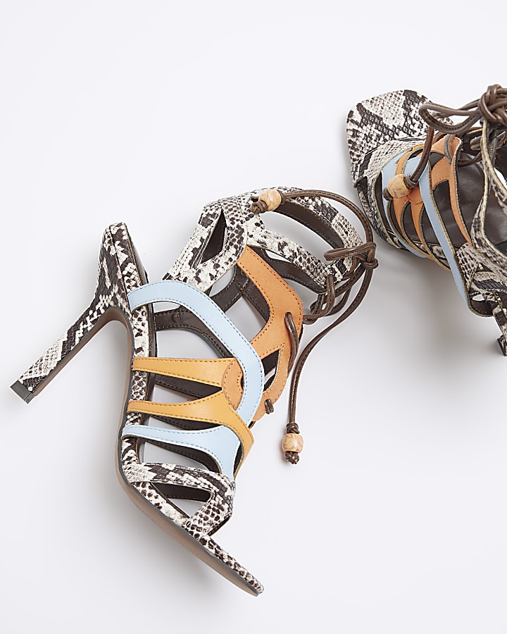 Orange animal print caged heeled sandals