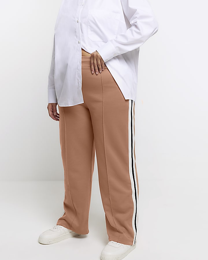 Plus brown side stripe wide leg joggers