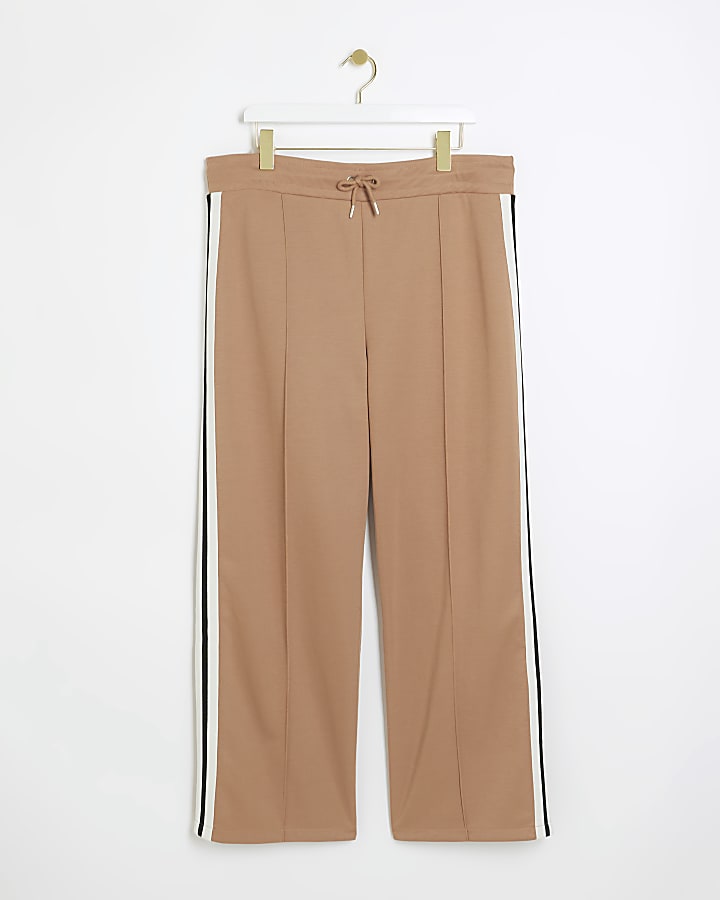 Plus brown side stripe wide leg joggers