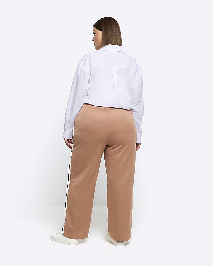 Plus brown side stripe wide leg joggers