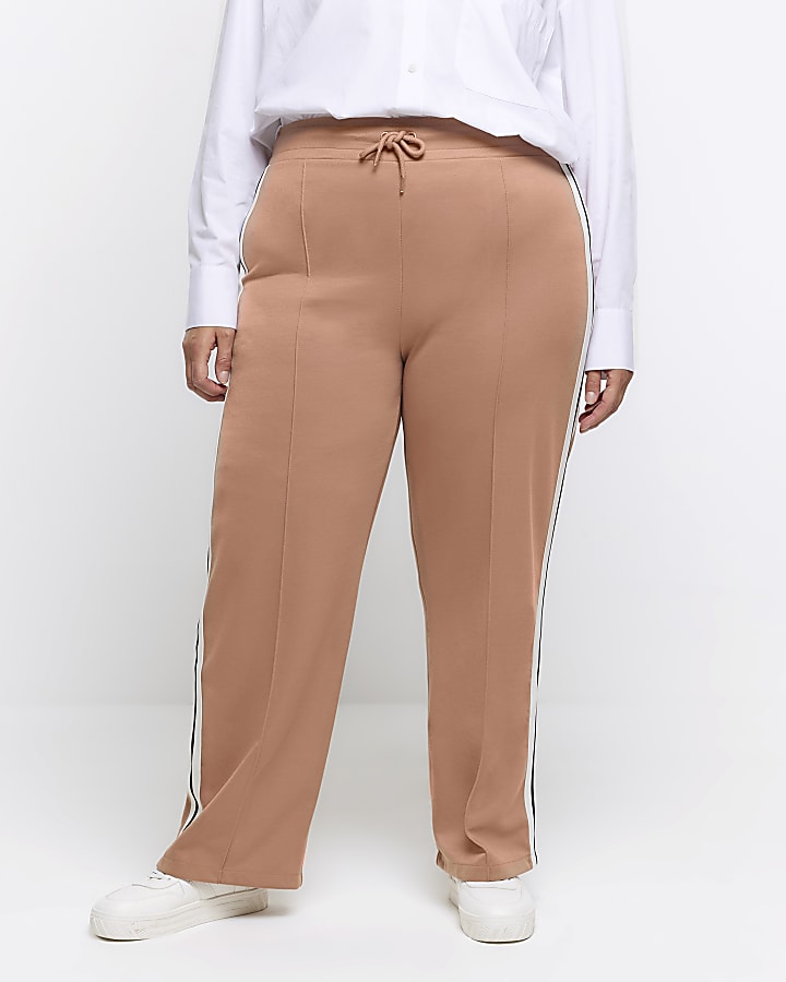 Plus brown side stripe wide leg joggers