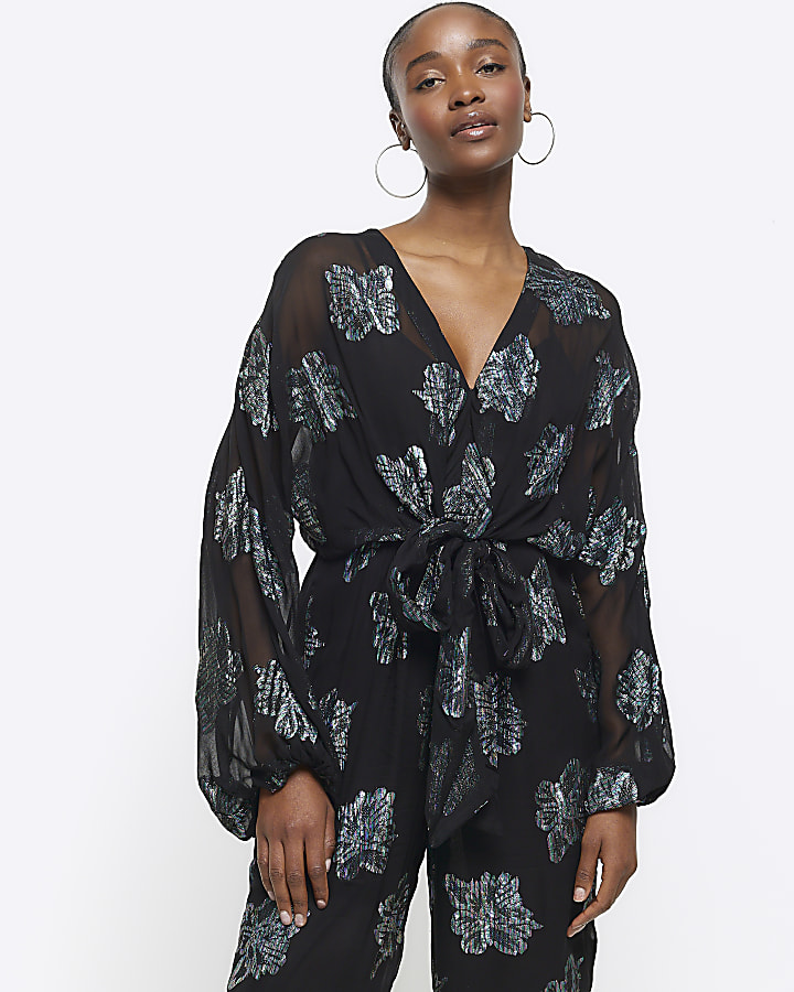 Black glitter floral belted jumpsuit