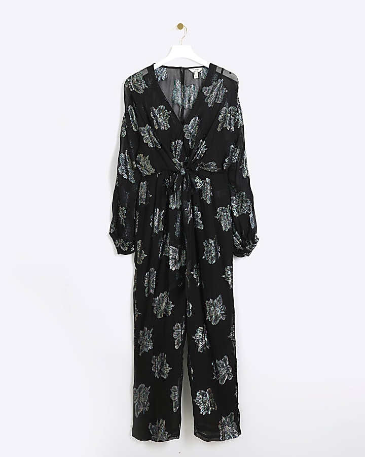 Black glitter floral belted jumpsuit
