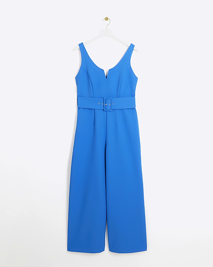 Blue belted wide leg jumpsuit