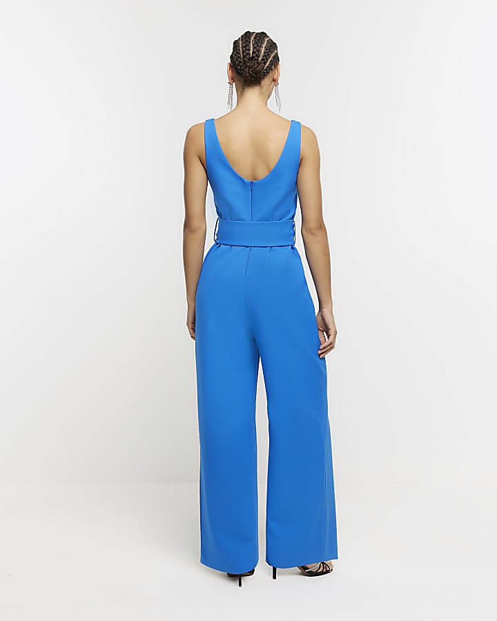 Blue belted wide leg jumpsuit