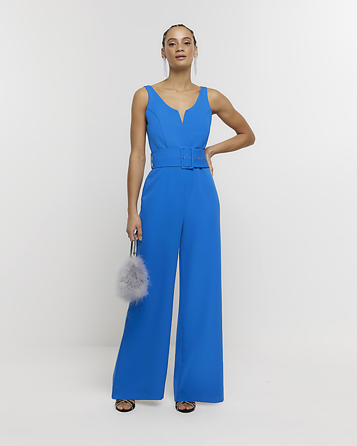 Blue belted wide leg jumpsuit