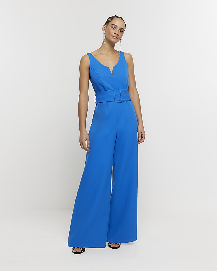 Blue belted wide leg jumpsuit