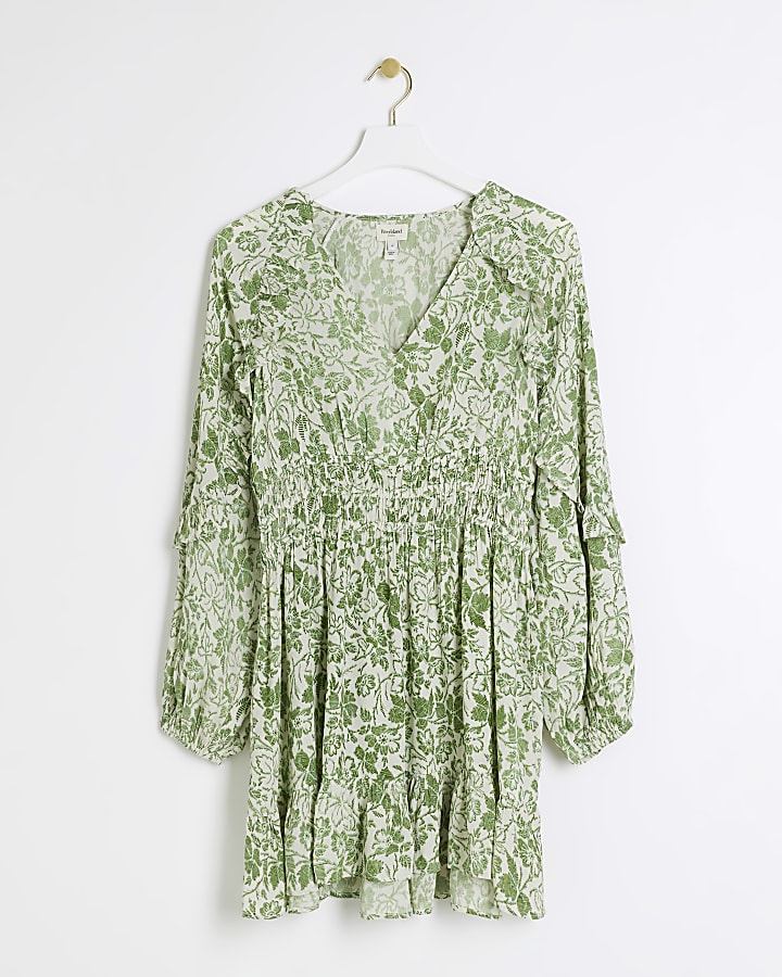 Green floral frill smock mini dress